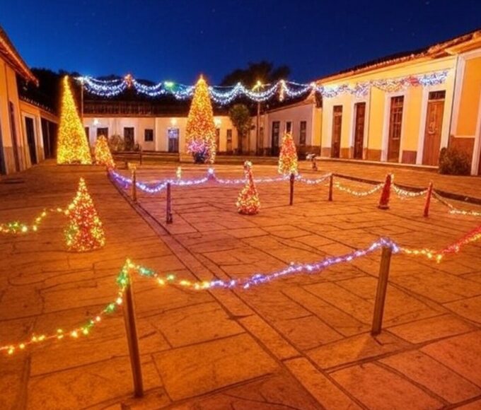 Praça de Brazlândia no DF iluminada com decorações natalinas para celebrar 92 anos e atividades comunitárias.