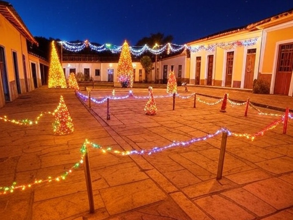 Praça de Brazlândia no DF iluminada com decorações natalinas para celebrar 92 anos e atividades comunitárias.