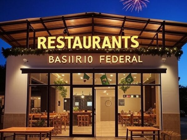 Restaurante comunitário em Brasília operando no feriado de Ano Novo, com fachada iluminada e decorações festivas.