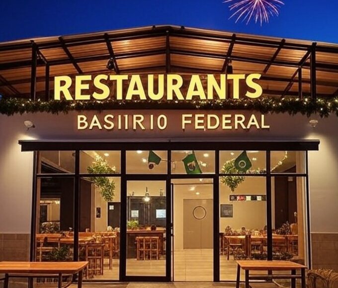 Restaurante comunitário em Brasília operando no feriado de Ano Novo, com fachada iluminada e decorações festivas.