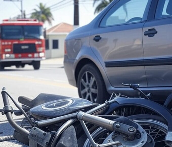 Cena de colisão em São Sebastião com motocicleta danificada e viatura de bombeiros no local.