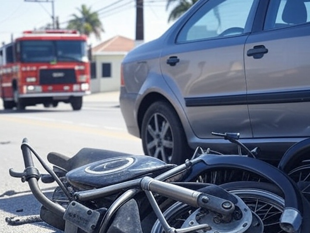 Cena de colisão em São Sebastião com motocicleta danificada e viatura de bombeiros no local.