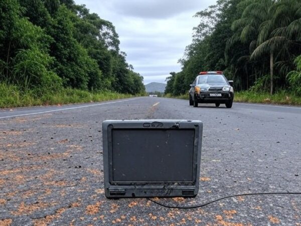 Tornozeleira eletrônica rompida em rodovia na fronteira Brasil-Paraguai, com viatura da PRF ao fundo.
