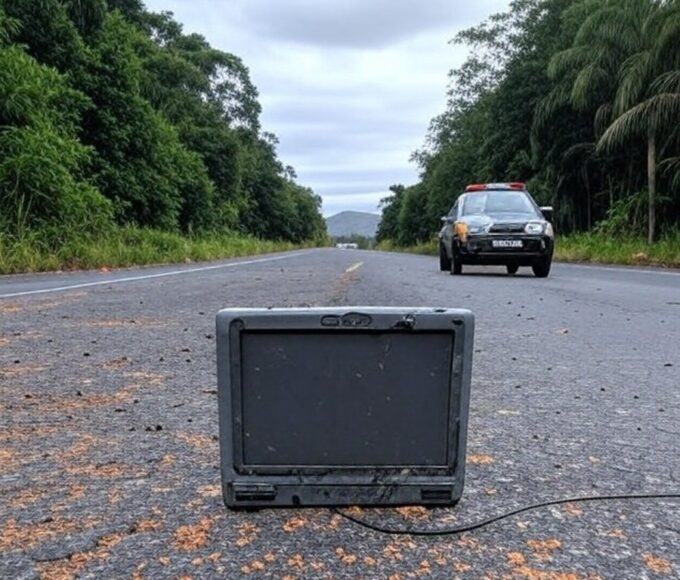 Tornozeleira eletrônica rompida em rodovia na fronteira Brasil-Paraguai, com viatura da PRF ao fundo.