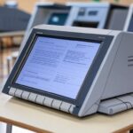 Imagem de urnas eletrônicas em seção eleitoral brasileira, representando pesquisa sobre eleições com Lula, Flávio Bolsonaro e Tarcísio.