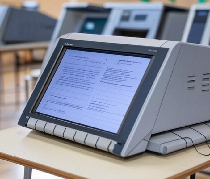 Imagem de urnas eletrônicas em seção eleitoral brasileira, representando pesquisa sobre eleições com Lula, Flávio Bolsonaro e Tarcísio.