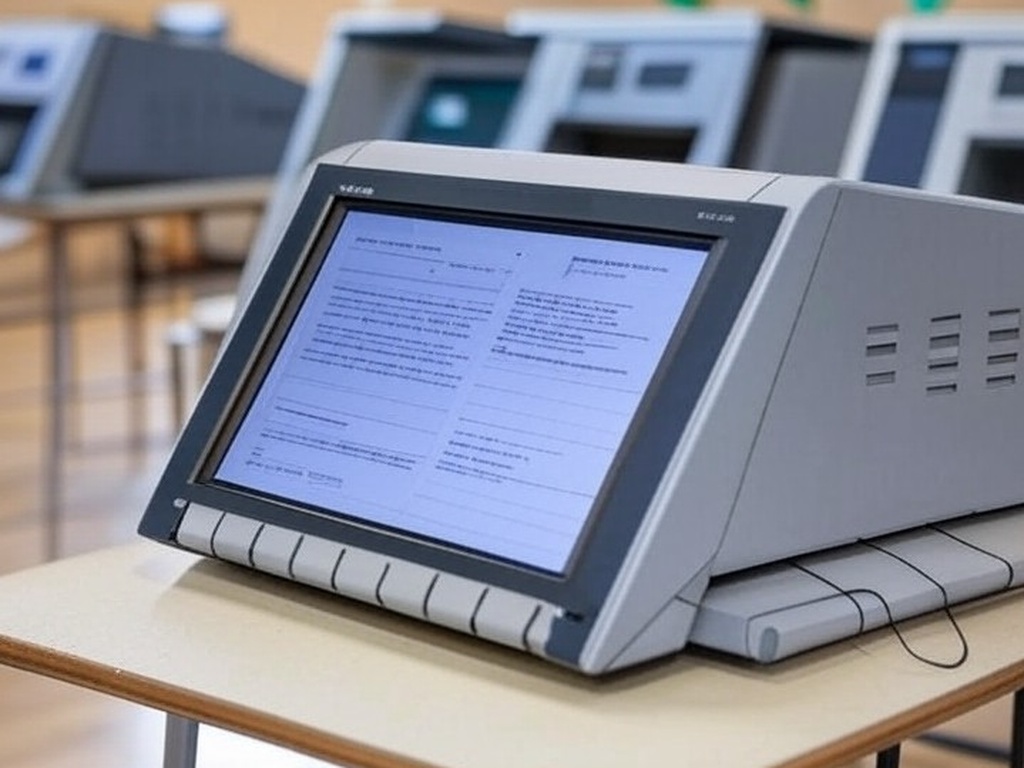 Imagem de urnas eletrônicas em seção eleitoral brasileira, representando pesquisa sobre eleições com Lula, Flávio Bolsonaro e Tarcísio.