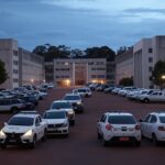 Exterior de penitenciária em Brasília com viaturas da polícia penal, ilustrando recolhimento de detentos por descumprimento no saidão de Natal.