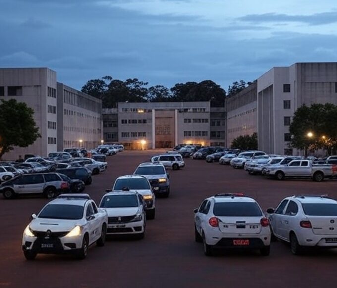 Exterior de penitenciária em Brasília com viaturas da polícia penal, ilustrando recolhimento de detentos por descumprimento no saidão de Natal.