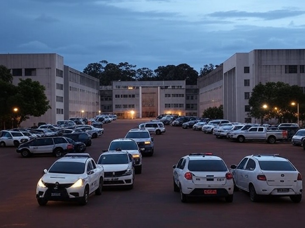 Exterior de penitenciária em Brasília com viaturas da polícia penal, ilustrando recolhimento de detentos por descumprimento no saidão de Natal.