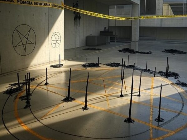 Cena de crime com altar satânico em residência no DF, fita policial isolando área de ritual oculto.