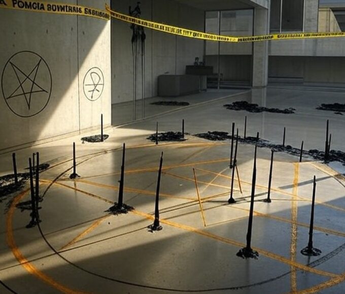 Cena de crime com altar satânico em residência no DF, fita policial isolando área de ritual oculto.