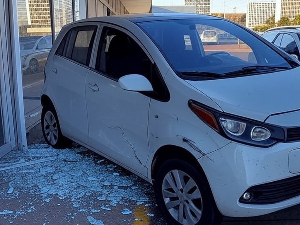 Carro Ora invade loja na SCLN 209 no Plano Piloto de Brasília, com fachada danificada e destroços.