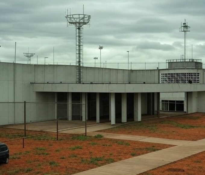 Exterior do presídio Papuda em Brasília, com grades e torres de vigilância, representando burla a fiscalizações com celulares clandestinos.