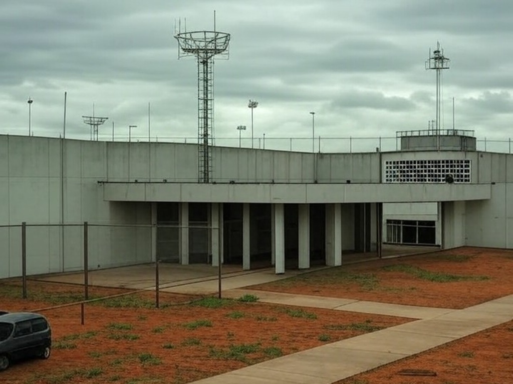 Exterior do presídio Papuda em Brasília, com grades e torres de vigilância, representando burla a fiscalizações com celulares clandestinos.