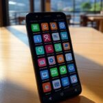 Smartphone exibindo ícones de notícias personalizadas do Google News em café brasileiro com vista para o Pão de Açúcar.