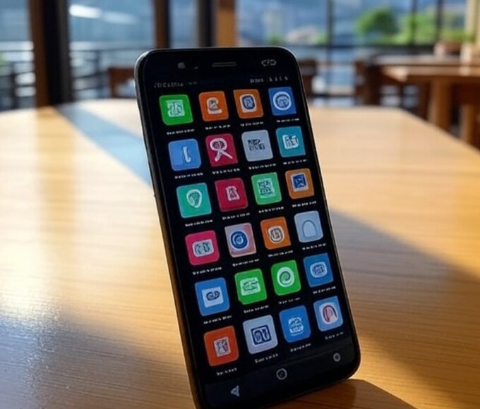 Smartphone exibindo ícones de notícias personalizadas do Google News em café brasileiro com vista para o Pão de Açúcar.