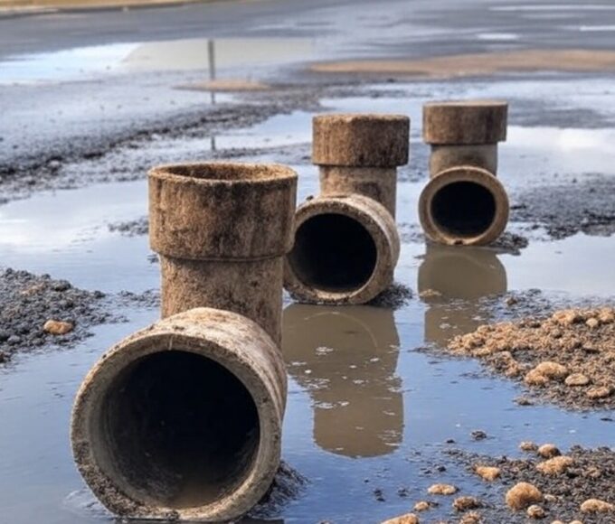 Tubulações de saneamento deterioradas em rua de Brasília, representando falha da Caesb no DF e obras tardias em 2025.