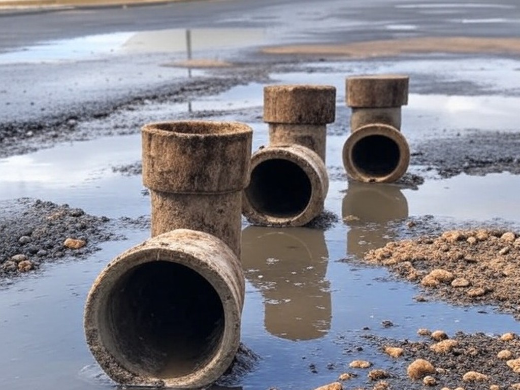 Tubulações de saneamento deterioradas em rua de Brasília, representando falha da Caesb no DF e obras tardias em 2025.