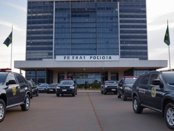 Fachada da sede da Polícia Federal em Brasília com viaturas, simbolizando investigação de ameaças a Lula e Janja em redes sociais.