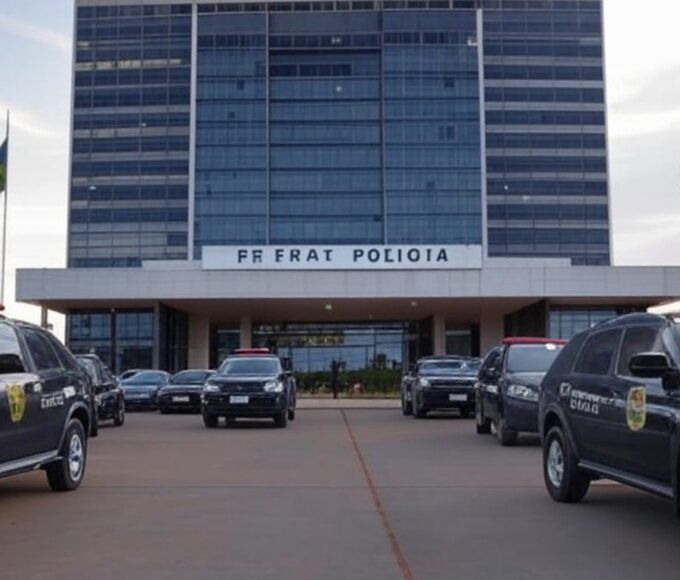 Fachada da sede da Polícia Federal em Brasília com viaturas, simbolizando investigação de ameaças a Lula e Janja em redes sociais.