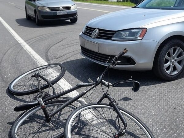 Cena de acidente com bicicleta e VW Jetta em rua de São Sebastião, SP, Brasil.