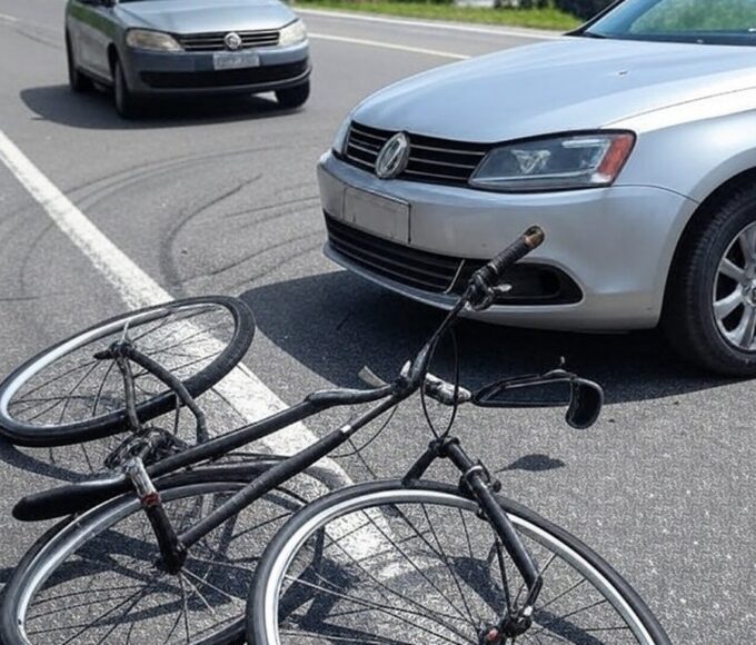 Cena de acidente com bicicleta e VW Jetta em rua de São Sebastião, SP, Brasil.