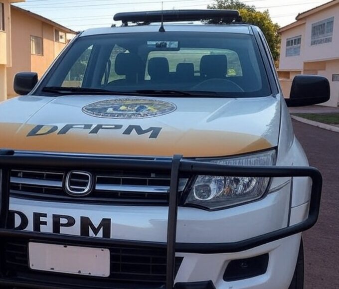 Viatura da PM estacionada em rua residencial no Gama após incidente com cães pitbull.