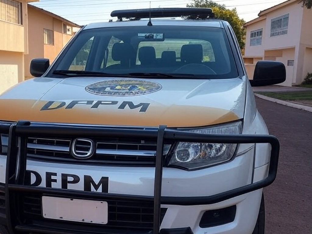 Viatura da PM estacionada em rua residencial no Gama após incidente com cães pitbull.