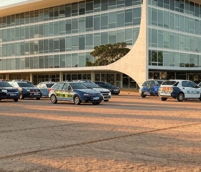 Edifício do STF em Brasília com viaturas da Polícia Federal, representando depoimentos sobre fraudes na venda do Banco Master ao BRB.