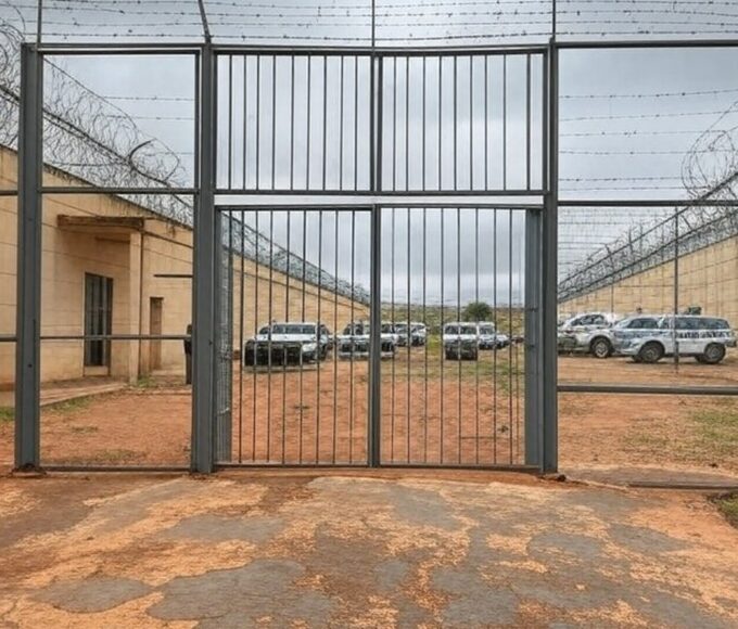 Vista externa de presídio no DF com portões e viaturas policiais, representando retorno de presos após saidão de Natal.