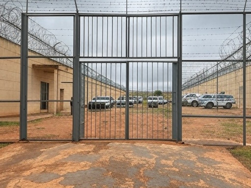 Vista externa de presídio no DF com portões e viaturas policiais, representando retorno de presos após saidão de Natal.