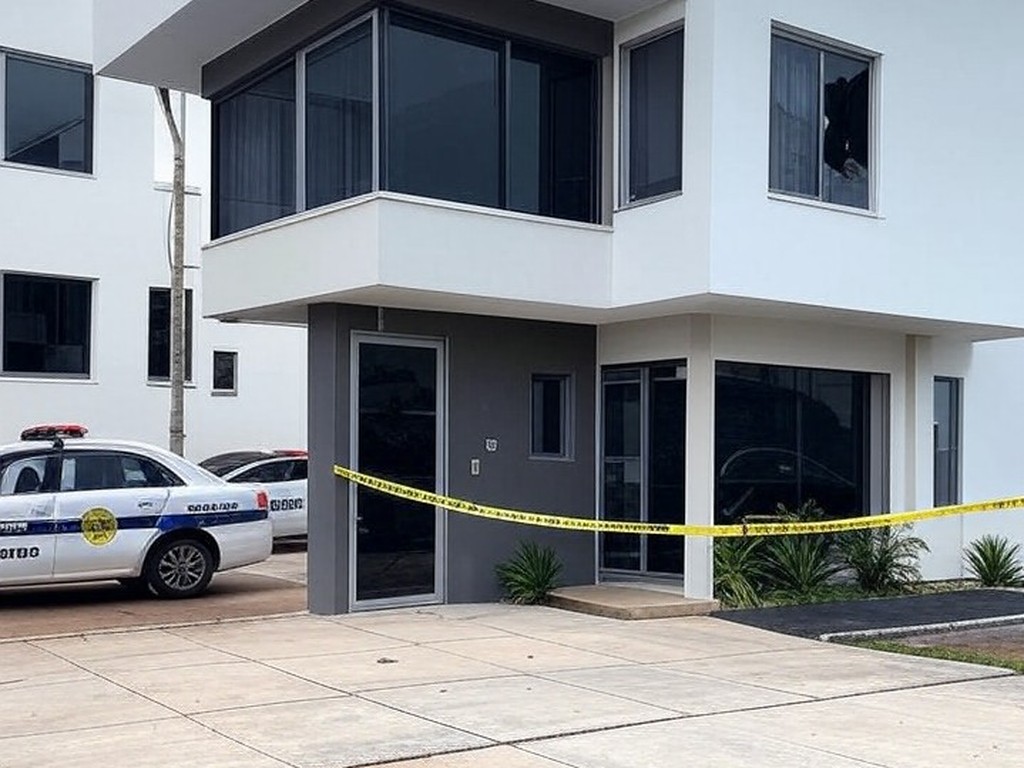 Cena de invasão domiciliar no DF com casa arrombada, fita de isolamento e viaturas policiais, representando crime de tortura e morte.