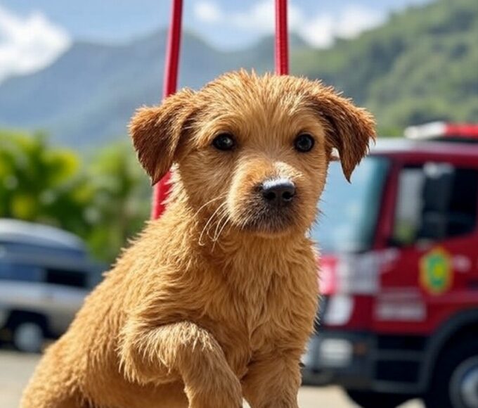 Cisterna em São Sebastião com filhote de cachorro resgatado por bombeiros, equipamentos de resgate e caminhão ao fundo.