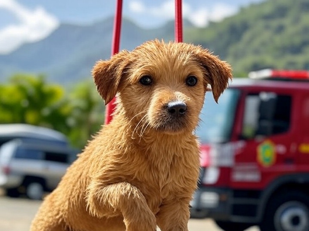 Cisterna em São Sebastião com filhote de cachorro resgatado por bombeiros, equipamentos de resgate e caminhão ao fundo.