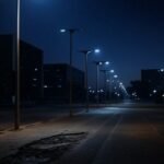 Rua noturna em Brasília com postes de luz quebrados, expondo negligência em iluminação e segurança pública no DF.