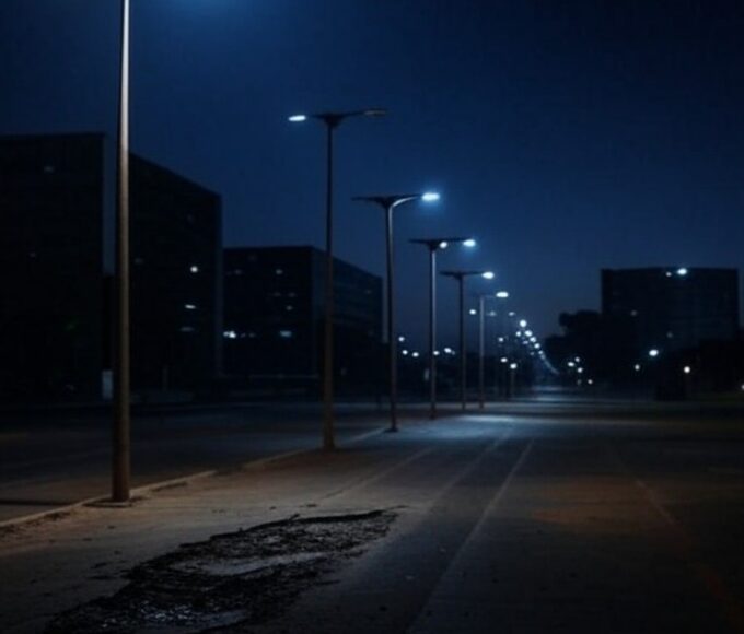 Rua noturna em Brasília com postes de luz quebrados, expondo negligência em iluminação e segurança pública no DF.