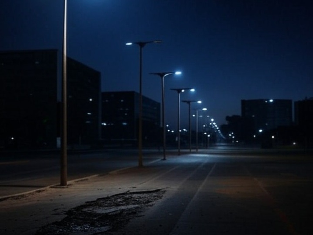 Rua noturna em Brasília com postes de luz quebrados, expondo negligência em iluminação e segurança pública no DF.