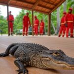 Jacaré invadindo residência em São Sebastião sendo resgatado por bombeiros brasileiros.