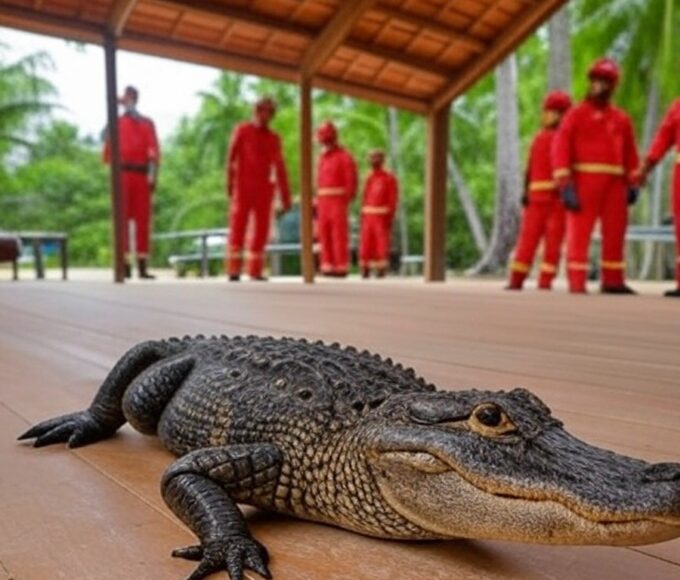 Jacaré invadindo residência em São Sebastião sendo resgatado por bombeiros brasileiros.