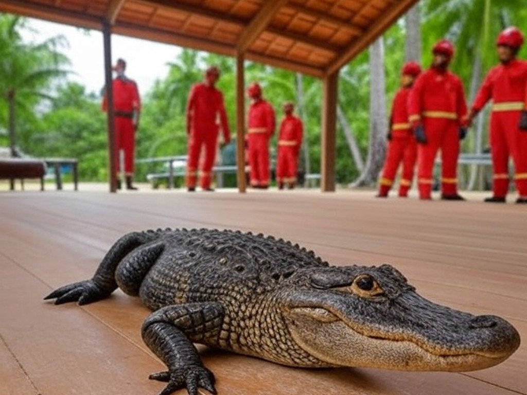 Jacaré invadindo residência em São Sebastião sendo resgatado por bombeiros brasileiros.