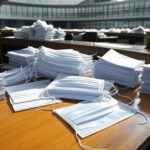 Edifício da saúde pública em Brasília com documentos simbólicos de corrupção sob céu nublado.