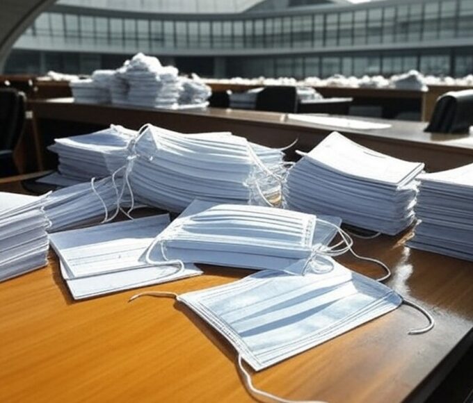 Edifício da saúde pública em Brasília com documentos simbólicos de corrupção sob céu nublado.