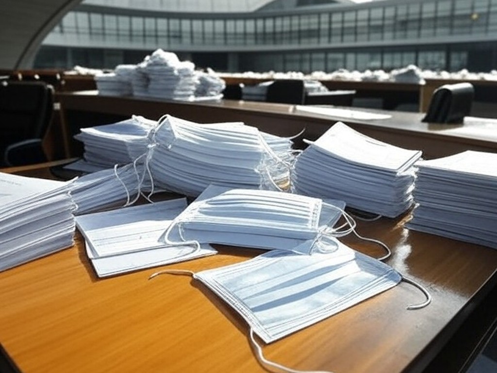 Edifício da saúde pública em Brasília com documentos simbólicos de corrupção sob céu nublado.