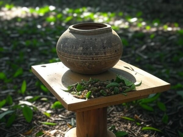 Recipiente com ayahuasca em altar na floresta amazônica, representando ritual religioso no Brasil.