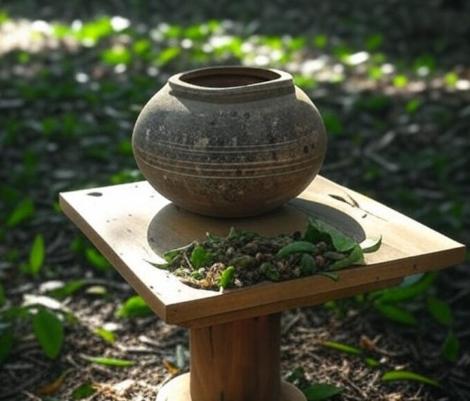 Recipiente com ayahuasca em altar na floresta amazônica, representando ritual religioso no Brasil.