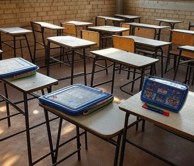 Sala de aula deteriorada em escola pública do DF com kit de robótica, contrastando inovação e deficiências educacionais.