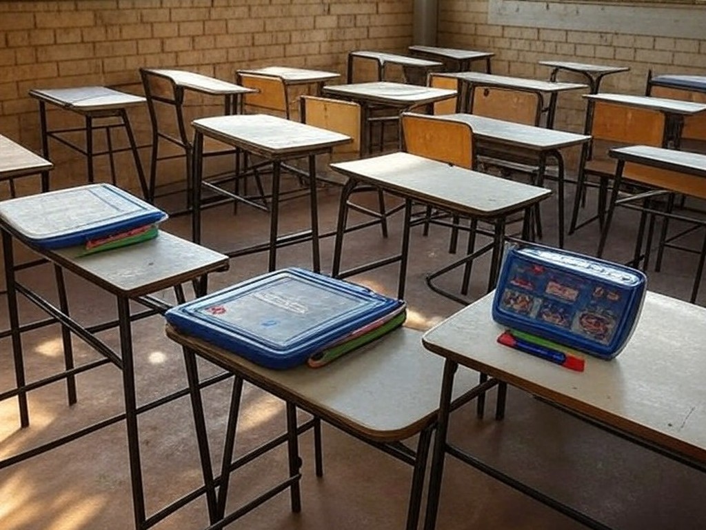 Sala de aula deteriorada em escola pública do DF com kit de robótica, contrastando inovação e deficiências educacionais.