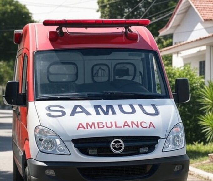 Ambulância em rua de Vicente Pires, DF, após agressão a adolescente por chiclete, com vítima na UTI.