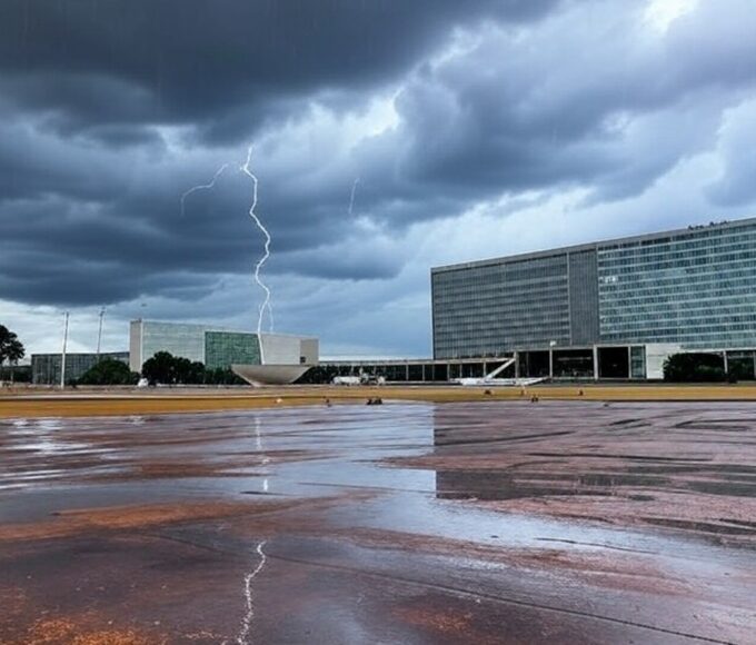 Tempestade com raio atingindo área em Brasília durante caminhada, causando hospitalizações no DF.